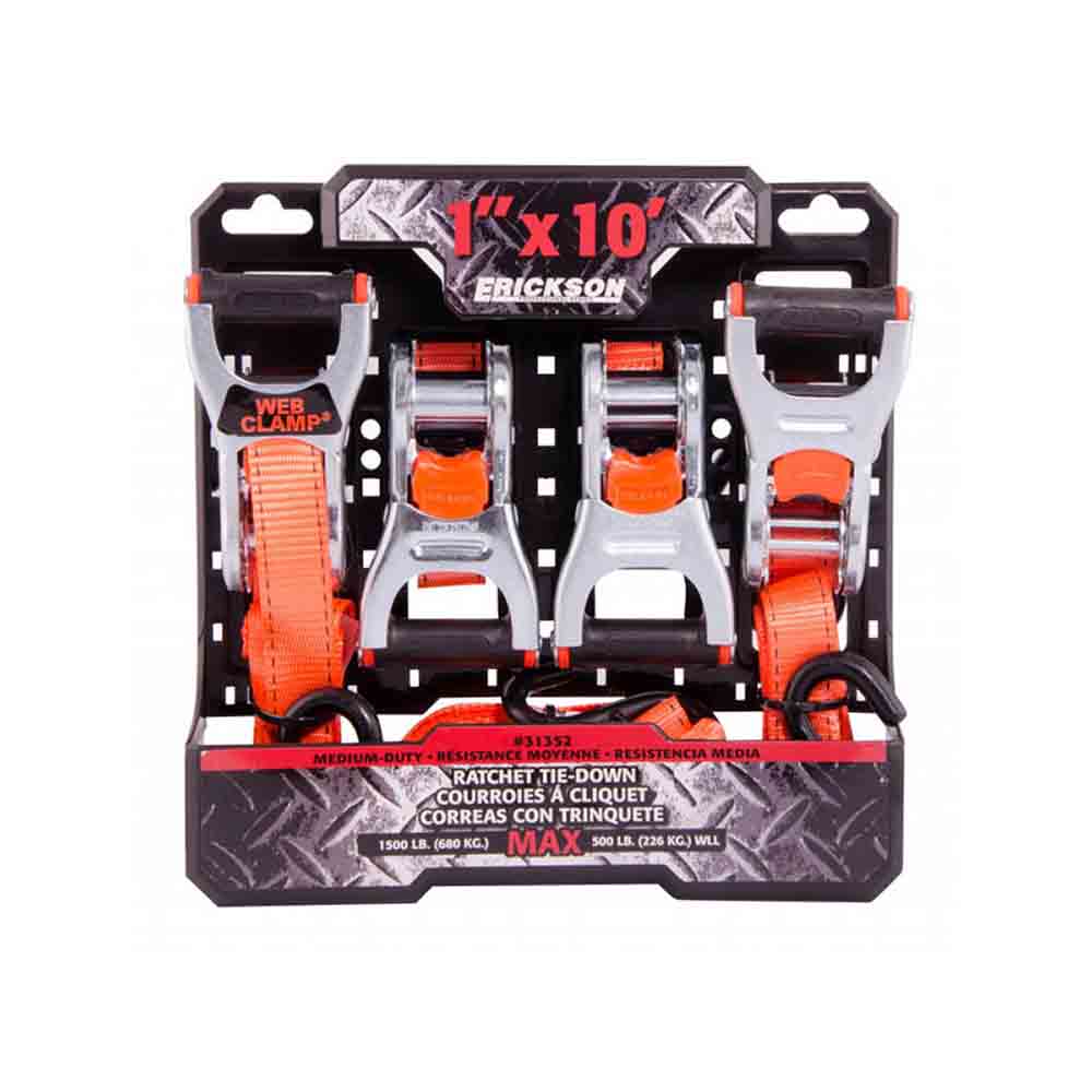 Ratcheting Tie-Downs With Web Clamp, 4-Pack - 1 Inch x 10 Feet