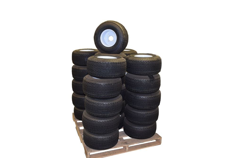 Golf Cart Wheel Assembly 18 x 8.50-8 Green Saver Sawtooth Turf Tire on 8" White Steel Wheel (4-Lug) - 26-Pack, Including (104) 1/2" x 20 Nickel Plated Lug Nuts