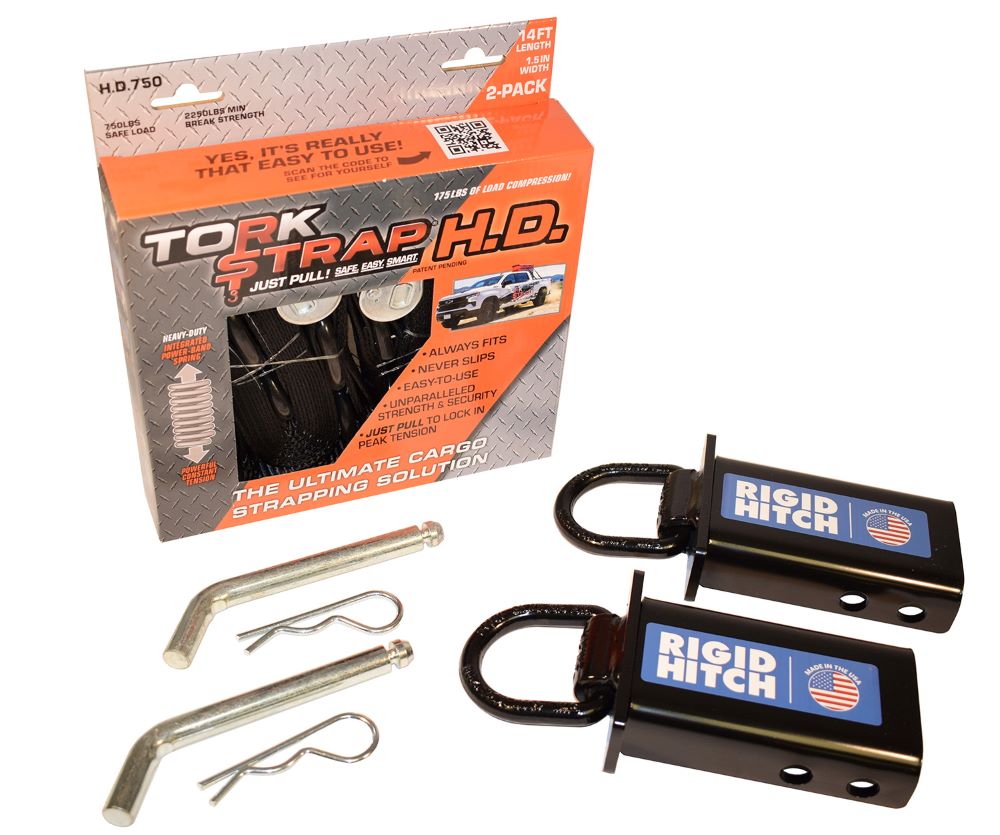 TorkStrap H.D. Heavy-Duty Cargo Straps, 14 ft Length, 750 lbs Safe Load, with 2-Pack Rigid Hitch Stake Pocket Tie-Downs
